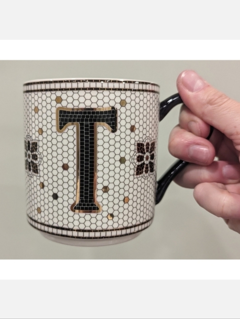 Anthropologie Margot Honeycomb Gold and Black Mosaic Monogram T Mug